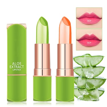 Fusang 2Pcs Aloe Vera Lipstick Color Changing LipstickTemperature Color Change Lip Gloss Balm Set Nutritious Long Lasting Moisturzing Magic Lipstick Lip Makeup for Women