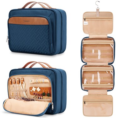 Travel Hanging Toiletry Bag for Women Extra Large Makeup Bag Holds FullSize Shampoo with Jewelry Organizer Compartment Waterproof Cosmetic Bag Toiletries Kit Set with Trolley Belt Navy Blue