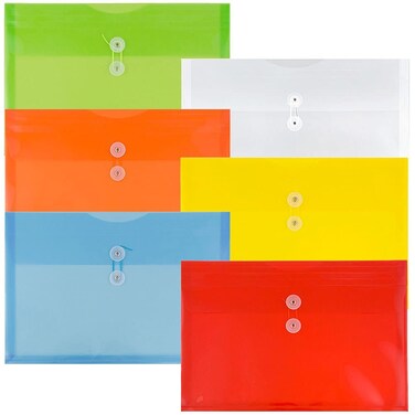 JAM Paper Plastic Envelope with Button and String Tie Closure  Legal Booklet  9 34 x 14 12 x 1 14 Assorted Primary Colors  6pack