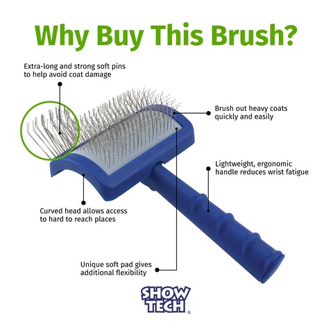 Show Tech Tuffer Than Tangles Slicker Brush for Dog Grooming with Long Soft Pins Medium Size Perfect for Doodle Breeds Angled Pins for Dematting Remove Undercoat Comfort Grip Handle