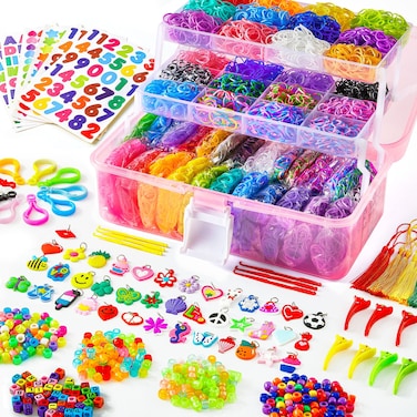 Inscraft 17500 Rubber Loom Bands with 3 Layer Pink Container 28 Colors 600 SClips 352 Beads 40 Cartoon Pendant Bracelet Making Refill Kit for Kids