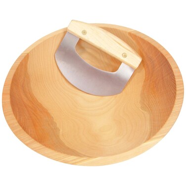 Hard Wood Chopping Bowl Set  12 Inch Beechwood Bowl  Mezzaluna Ulu Knife  Holland Bowl Mill