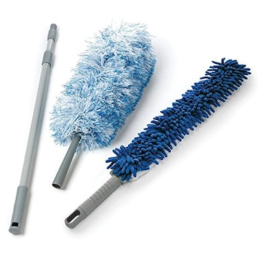 OCedar DualAction Microfiber Duster wTelescopic Handle 3 Piece Set White Blue