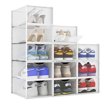 BINO 12Pack Plastic Stackable Shoe Box Set  Clear  Foldable Shoe Storage Container  Sneaker Bins  Shoe Rack Box  Transparent  Portable Stacking Shoe Boxes Front Open