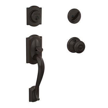 Schlage F60 V CAM 716 GEO Camelot Front Entry Handleset with Georgian Knob Deadbolt Keyed 1 Side Aged Bronze