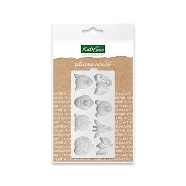 Katy Sue Jungle Animal Heads Silicone Mold  Makes 7 Miniature Shapes of Jungle Animals Heads  Jungle Leaves  Mold Size 5 x 24 x 06 inches