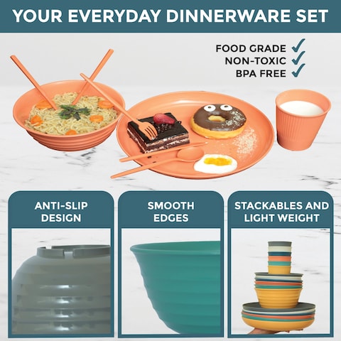 48 Pcs Wheat Straw Dinnerware Sets for 6 Unbreakable Dinnerware Set with Large Plates Bowl and Cup Set BPA Free Lightweight Microwave Safe Wheat Straw Plates and Bowls Sets RV Camping Dishes Set