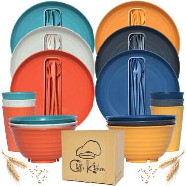 48 Pcs Wheat Straw Dinnerware Sets for 6 Unbreakable Dinnerware Set with Large Plates Bowl and Cup Set BPA Free Lightweight Microwave Safe Wheat Straw Plates and Bowls Sets RV Camping Dishes Set