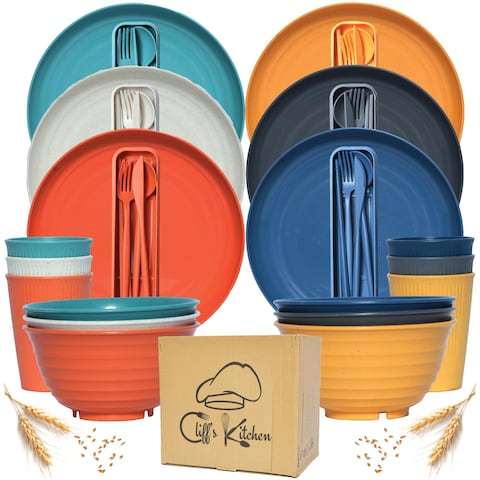 48 Pcs Wheat Straw Dinnerware Sets for 6 Unbreakable Dinnerware Set with Large Plates Bowl and Cup Set BPA Free Lightweight Microwave Safe Wheat Straw Plates and Bowls Sets RV Camping Dishes Set