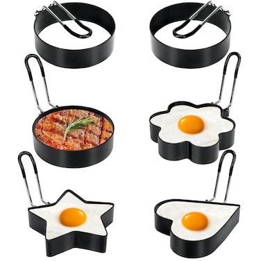 6 Pack Eggs Rings Stainless Steel Egg Cooking Rings Round Pancake Mold for Frying Eggs Omelet and Muffins Nonstick Fried Egg Mold Ring with Oil Brush and Slotted Spatula 4 Shapes