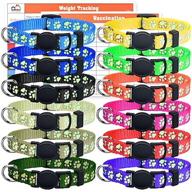 GAMUDA 12Pcs Reflective Puppy Collars Soft Nylon Whelping Collars Identification Collars Glow in The Dark Adjustable Breakaway Litter Collars with 2 Record Keeping Charts Reflective S