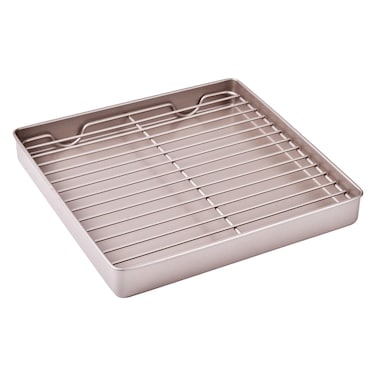 Bakeley Roasting Pan with Rack 11Inch NonStick Square Shallow Dish Sheet Pan with Wire Rack for Oven Baking BBQ and Roasting 112 x 112 x 13 Champagne Gold