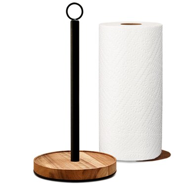 WILDMOS Paper Towel Holder CountertopSolid Acacia Wood with Thick Metal BaseBlack Paper Towel Holder for Farmhouse KitchenWooden Paper Towel Holder Stand