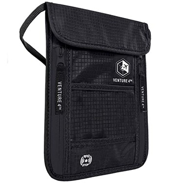 VENTURE 4TH Passport Holder Neck Wallet with RFID Blocking Nylon Lining  Hidden Neck Pouch for Travel Pure Black