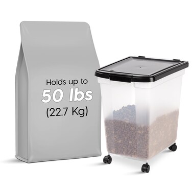 IRIS USA WeatherPro Airtight Dog Food Storage Container 50 Pound Removable Wheels for Dog Cat Bird Pet Food Storage Bin Keep Fresh Translucent Body Easy Mobility ClearBlack