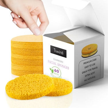 TiwinTi 60 Count Compressed Facial Sponges  Natural Wood Pulp Round Esthetician Face Sponges for Cleansing Daily Face Washing Exfoliating Makeup and Mask Removal Yellow