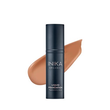 INIKA Organic Full Coverage Liquid Foundation Makeup with Hyaluronic Acid and Argan Oil Vegan and Organic Foundation for Skin Elasticity and Plumpness Natural Coverage Tan 30ml