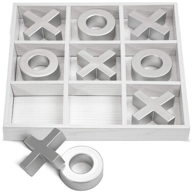 Laura Ashley Elegant Wooden Tic Tac Toe Giant Board Game for Adults and Kids Jumbo Solid Wood Coffee Table Dcor and Games Classic Oversized with White Finish and Silver Resin  10 Piece Set