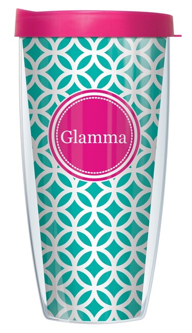 Signature Tumblers Pink Grandma Insignia Wrap on Teal and White Roundabout 16 Ounce DoubleWalled Travel Tumbler Mug with Hot Pink Easy Sip Lid