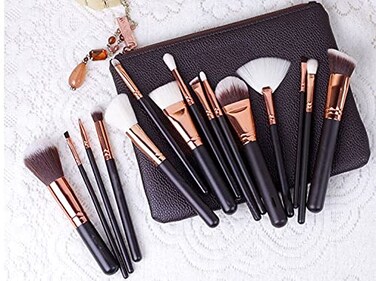 Professional 15 pc Rose Gold Makeup Brush Set with Natural Hair and Premium Bag