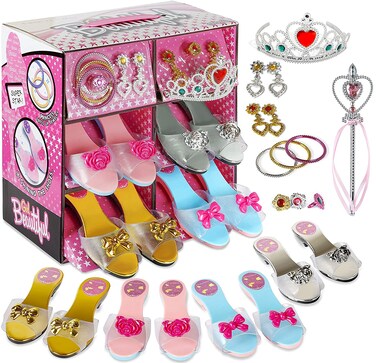 fash n kolor Princess Dress Up Pretend Play Shoes set Jewelry Boutique Fashion Princess Toys Accessories for Little Girls Dress Up Costumes for play gift set For ages 3456 Years Old and up