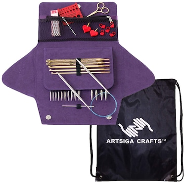 addi Click Grab N Go 5Inch Interchangeable Circular Set Rocket Tips US 4 5 6 7 8 9 10 11 and Crochet Tips Metric 4 5 6 7 8 with 4 Blue Cords Bundle with 1 Artsiga Crafts Project Bag