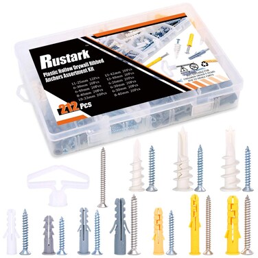 Rustark 212Pcs 11 Sizes Plastic Hollow Drywall Ribbed Anchors Assortment Kit with Self Drilling Screws Perfect for Fixing Curtains Calligraphy Wall Cabinets Lamps