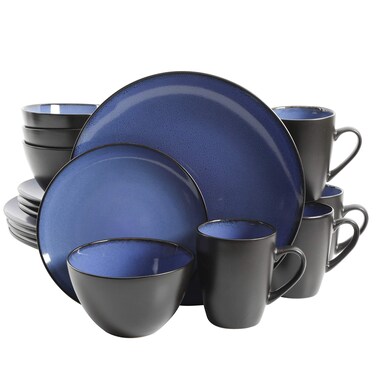 Gibson Soho Lounge Round Reactive Glaze Stoneware Dinnerware Set Service for 4 16pc Blue Soho Round