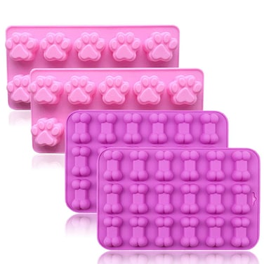 Silicone Puppy Dog Treat Molds Paw Bone Print Ice Cube Trays for Chocolate Candy Baking and Freezing Pack of 4
