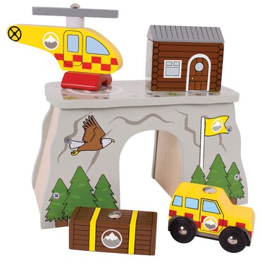 Bigjigs Rail Mountain Rescue Playset with Helicopter Car Log Cabin  Crate