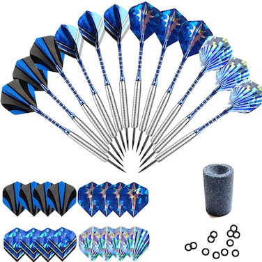 Professional Steel Tip Darts Set 22 grams 12 Pcs Stainless Needle Tipped Dart For Dart Board Blue Aluminum Shafts16 holographic Standard Flights 20 Garms Metal Barrels and Dart Sharpener
