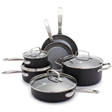 GreenPan Chatham Hard Anodized Healthy Ceramic Nonstick 10 Piece Cookware Pots and Pans Set Frying Pan Skillets Saucepans Saute Pan Stockpot Lids PFAS  PFOAFree Dishwasher  Oven Safe Gray