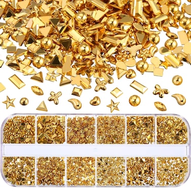 Bememo 2400 Pieces Gold Metal Nail Studs Star Flower Nail Charm Kit 3D Nail Art Jewelry Decoration Supplies Crafts Clothes