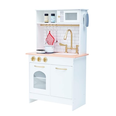 Teamson Kids Little Chef Boston Compact Farmhouse Interactive Wooden Play Kitchen with Sink Oven Microwave and Storage Space for Easy Clean Up White with Gold Finishes