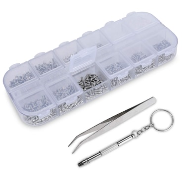 HQMaster 1100Pcs Eyeglass Glasses Spectacles Tiny Screws Nut Washer Assortment  5 Pairs Nose Pads Repair Tool Kit Set with Tweezer Micro Screwdriver Rectangular Case