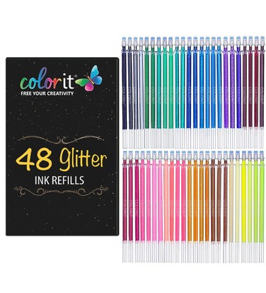 ColorIt 48 Gel Pen Ink Refills for Glitter Metallic and Neon  Color Coded for Easy Replacement Glitter
