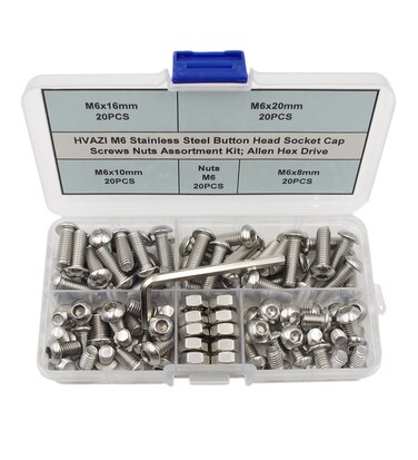 HVAZI M6 Stainless Steel Button Head Socket Cap Screws Nuts Assortment Kit Allen Hex Drive