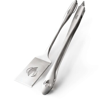 Napoleon Accessory 70033  PRO Stainless Steel 2 Piece Toolset  Premium BBQ Grill Toolset Cast Stainless Steel Ergonomic Handles Hanging Loops Includes Tongs Multifunctional Spatula