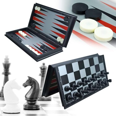 JIMIYOKI 3 in 1 Game Set Chess Checkers Backgammon Pieces Travel Chess Set Magnetic Foldable Chess Set Portable Board Game for Tour for Kids and Adults