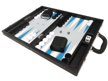 16inch Premium Backgammon Set  Medium Size  Black Board White and Astral Blue Points