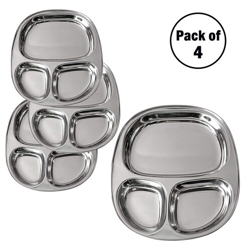 IndiaBIgShop 100 Stainless Steel 3 Sections Divided Oval Dining Plate Steel Plates Suction Plates Pav Bhaji Plates Plates for ss mess tray  Breakfast Plates  Set of 4  28 cm