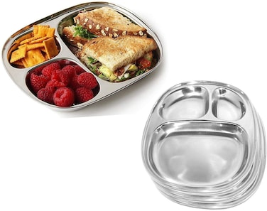 IndiaBIgShop 100 Stainless Steel 3 Sections Divided Oval Dining Plate Steel Plates Suction Plates Pav Bhaji Plates Plates for ss mess tray  Breakfast Plates  Set of 4  28 cm