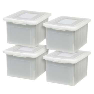 IRIS USA File Box File Organizer Plastic File Box for LetterLegal File BPAFree Plastic Storage Bin Tote Organizer with Durable and Secure Latching Lid Stackable Nestable Pearl 35 Qt 4 Pack