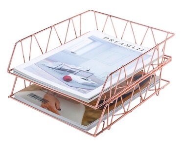 PAG 2 Packs Desktop File Organizer Metal Stackable Horizontal Letter Tray Paper Holder Rack Rose Gold