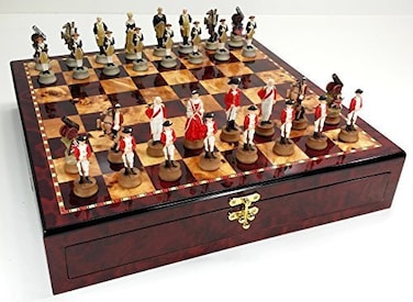 American Revolutionary War Chess Set W High Gloss Cherry  Burlwood Color Storage Board 17 Independence Revolution