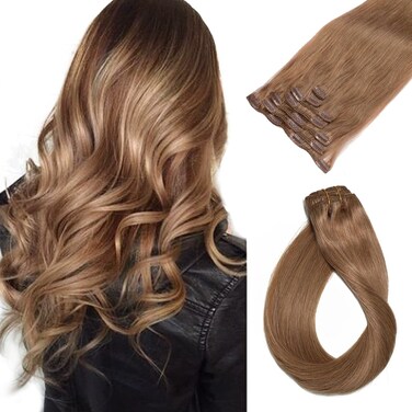 Clip in Human Hair Extensions 7A Grade 70 Gram 7 Pieces Silky Straight Weft Golden Brown Remy Hair Extensions Clip in Real Hair Seamless Clip on Extensions for Women 15 Inch