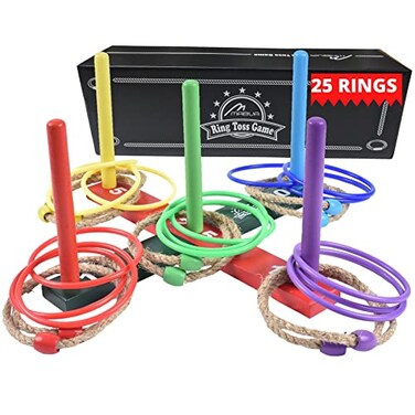 MABUA Ring Toss Game for Outdoor  25 Ropes 5 Pegs1 Carry Bag  Yard Outdoor Games for Adults and Family  Ring Toss Rings Backyard Horse Fun Lawn Outside Indoor Ring Toss Games for Adults