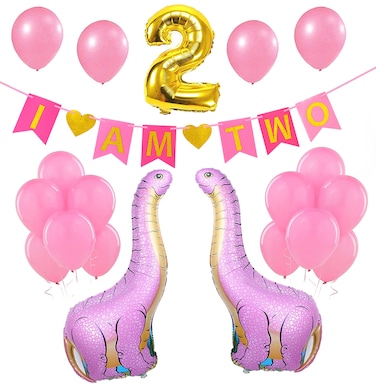 Baby Girl 2nd Second Birthday Decoration I AM TWO gold and pink bannerDinosaur Foil BalloonsLatex balloonsSupplies and Favors for 2 Year Old Birthday Bday Decor