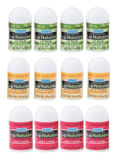 Lip Naturals  Assorted Mini Lip Balm with Sunscreen SPF15  Made in USA  12Count Pack with Bing Cherry Tea Tree Mint and Vanilla Bean Flavors 010oz3g Each
