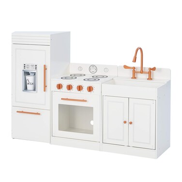 Teamson Kids Little Chef Paris Modular Contemporary Interactive Wooden Play Kitchen with Refrigerator Oven Sink and Storage Space for Easy Clean Up White with Rose Gold Finishes